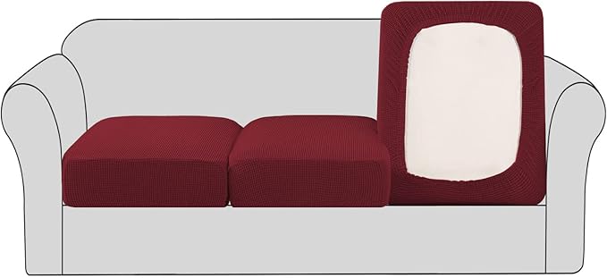 H.VERSAILTEX Super Stretch Couch Cushion Covers Sofa Cushion Slipcovers Jacquard Fabric Individual Seat Couch Slipcover Sets for Pets with Elastic Bottom(3 Packs Cushion Sofa Covers, Burgundy Red)