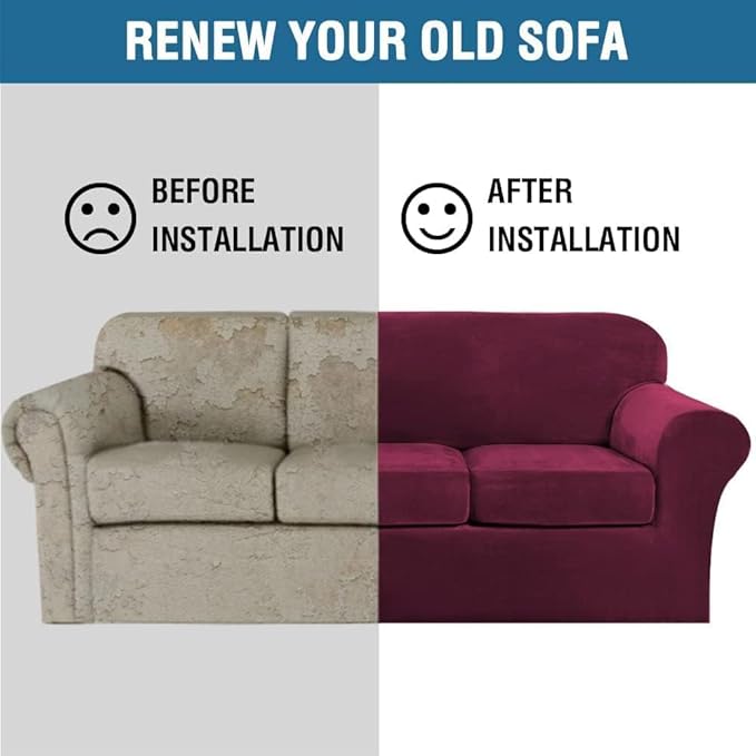 H.VERSAILTEX Velvet 4 Piece High Stretch Sofa Slipcover Cover Furniture Protector Form Fit Thick Velvet Extra Large Sofa Cover for 3 Cushion Couch Width Up to 105 Inch(XL Sofa, Wine/Burgundy)