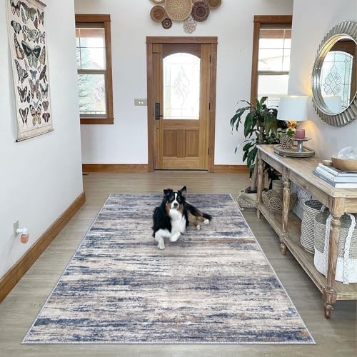 KOZYFLY Area Rug 6x9 Modern Ombre Thin Rugs for Living Room, Washable Large Rugs Non-Slip Soft Striped Rug for Bedroom, Print Grey-Blue Abstract Carpet for Laundry/Kid Room