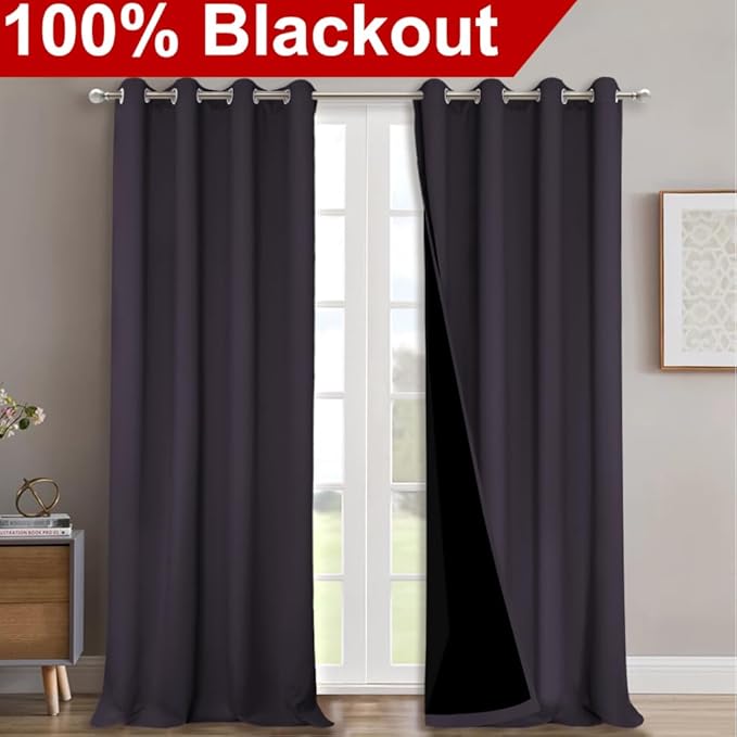 NICETOWN Full Shading Curtains for Windows, Greyish Purple, Pack of 2, 52" W x 95" L, Super Heavy-Duty Black Lined Blackout Curtains for Bedroom, Privacy Assured Window Treatment