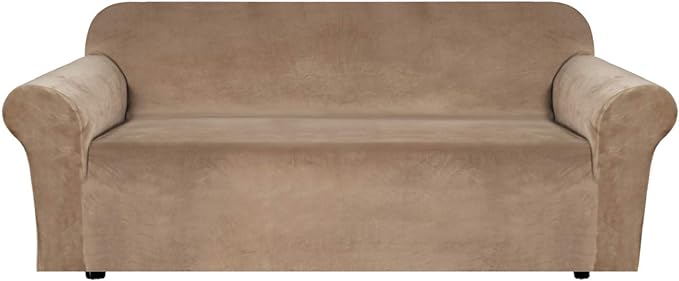 H.VERSAILTEX Stretch Velvet Sofa Covers for 3 Cushion Couch Covers Sofa Slipcovers Furniture Protector Soft with Non Slip Elastic Bottom, Crafted from Thick Comfy Rich Velour (Sofa 72"-90", Camel)