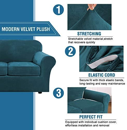 H.VERSAILTEX Real Velvet Plush 3 Piece Stretch Sofa Covers Couch Covers for 2 Cushion Couch Sofa Slipcovers Width Up to 90 Inch Feature Thick Soft Stay in Place (Large Sofa, Deep Teal)