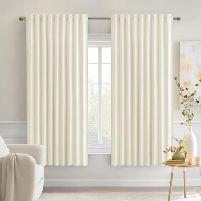 MIULEE Cream Back Tab Blackout Curtains 63 Inch Length 2 Panels Set for Living Room Bedroom Privacy, Rod Pocket/Pinch Pleat Thermal Insulated Room Darkening Pleated Light Blocking Drapes