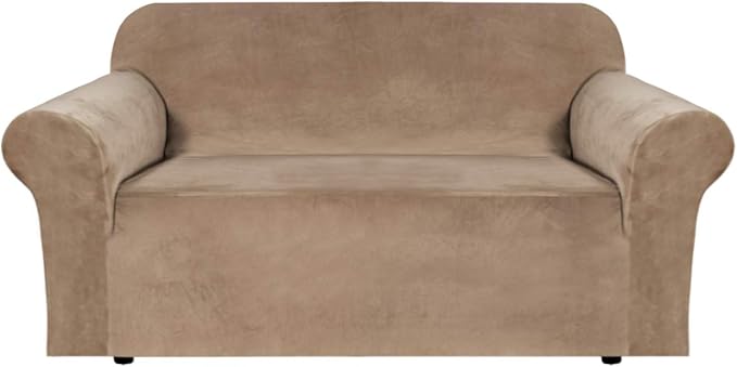 H.VERSAILTEX Stretch Velvet Loveseat Covers for 2 Cushion Couch Covers for Living Room Sofa Covers Slipcovers with Non Slip Straps Bottom, Ultra Thick Comfy Velour (Width 58"-72", Camel)