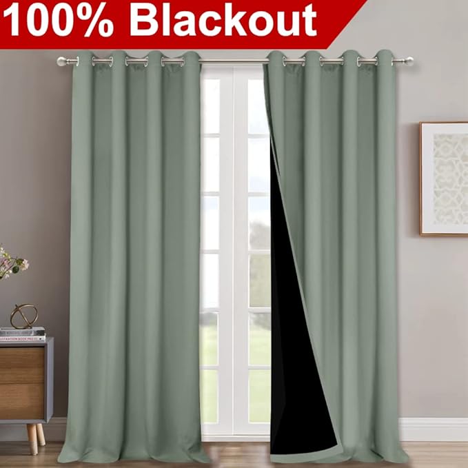 NICETOWN Greyish Green 100% Blackout Windows Curtains, Super Heavy-Duty Black Lined Total Darkness Drapes for Bedroom, Privacy Assured Window Treatment for Patio (2 PCs, 52 inches W x 108 inches L)