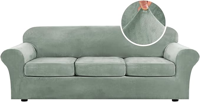 H.VERSAILTEX High Stretch Sofa Slipcover 4 Piece Cover Velvet Furniture Protector Form Fit Thick Velvet Extra Large Sofa Cover for 3 Cushion Couch Width Up to 97 Inch (Large Sofa, Sea Grass)