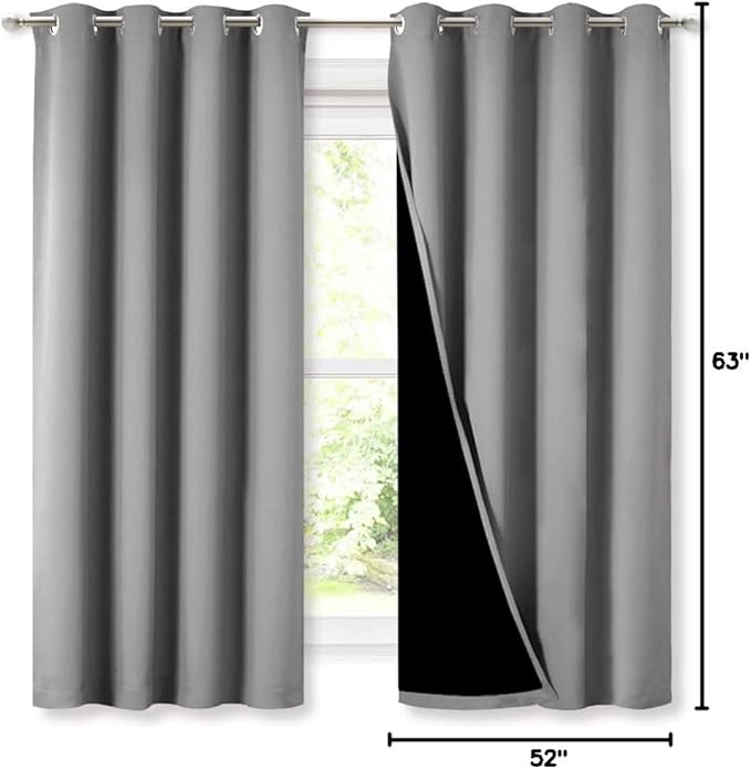 NICETOWN 100% Blackout Curtains with Black Liners, Thermal Insulated Full Blackout 2-Layer Lined Drapes, Energy Efficiency Window Draperies for Bedroom (Silver Grey, 2 Panels, 52-inch W by 63-inch L)