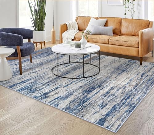 KOZYFLY Area Rug 6x9 Modern Ombre Thin Rugs for Living Room, Washable Large Rugs Non-Slip Soft Striped Rug for Bedroom, Print Grey-Blue Abstract Carpet for Laundry/Kid Room