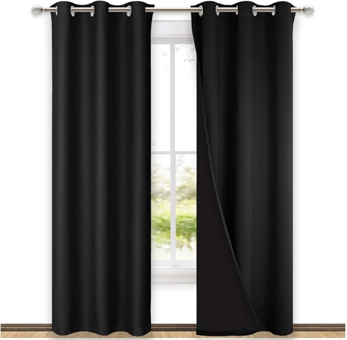 NICETOWN Room Warming Blackout Curtains 80 inches Long, Full Light Blocking Drapes with Black Liner for Nursery, Thermal Insulated Draperies for Hall, Villa (Black, 2 Pieces, 42" Wide Each Panel)