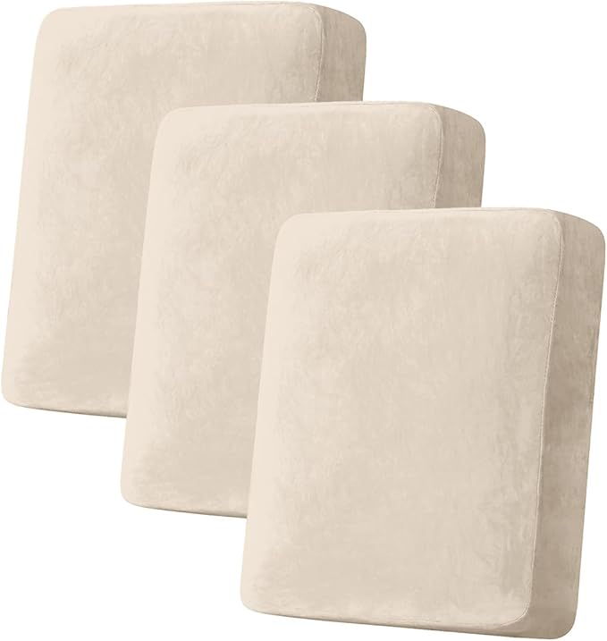 Couch Cover Stretch Velvet Sofa Cushion Cover 3-Piece - Elastic Washable Slipcover for Seat or Backrest, Couch Seat Covers for Sofas (Cream)