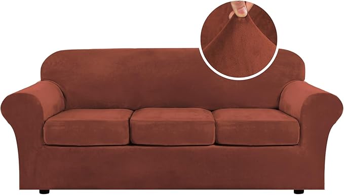 H.VERSAILTEX Modern Velvet Plush 4 Piece High Stretch Sofa Slipcover Sofa Cover Furniture Protector Form Fit Luxury Thick Velvet Sofa Cover for 3 Cushion Couch, Machine Washable (Sofa, Rust
