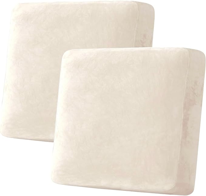 H.VERSAILTEX Velvet Stretch Couch Cushion Cover Plush Cushion Slipcover for Chair Loveseat Sofa Cushion Furniture Protector Seat Cushion Sofa Cover (2 Piece Large Sofa Cushion Covers, Cream)