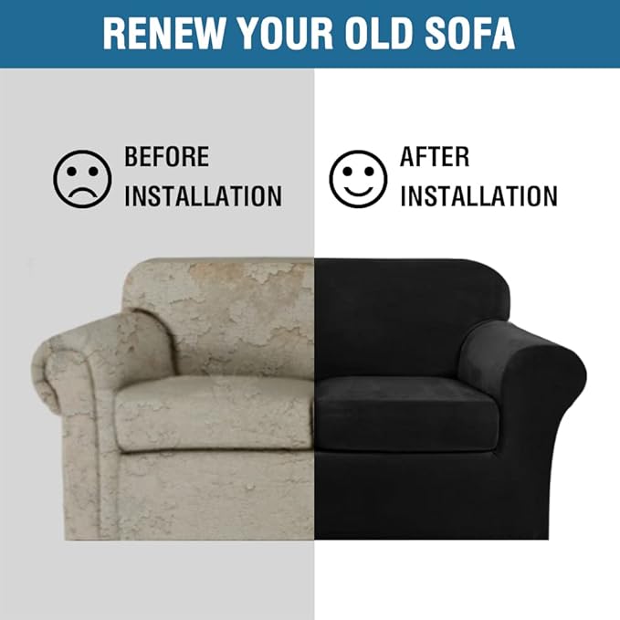 H.VERSAILTEX Real Velvet Plush 3 Piece Stretch Sofa Covers Couch Covers for 2 Cushion Couch Loveseat Covers Width Up to 72 Inch Feature Thick Soft Stay in Place (Medium Sofa, Black)