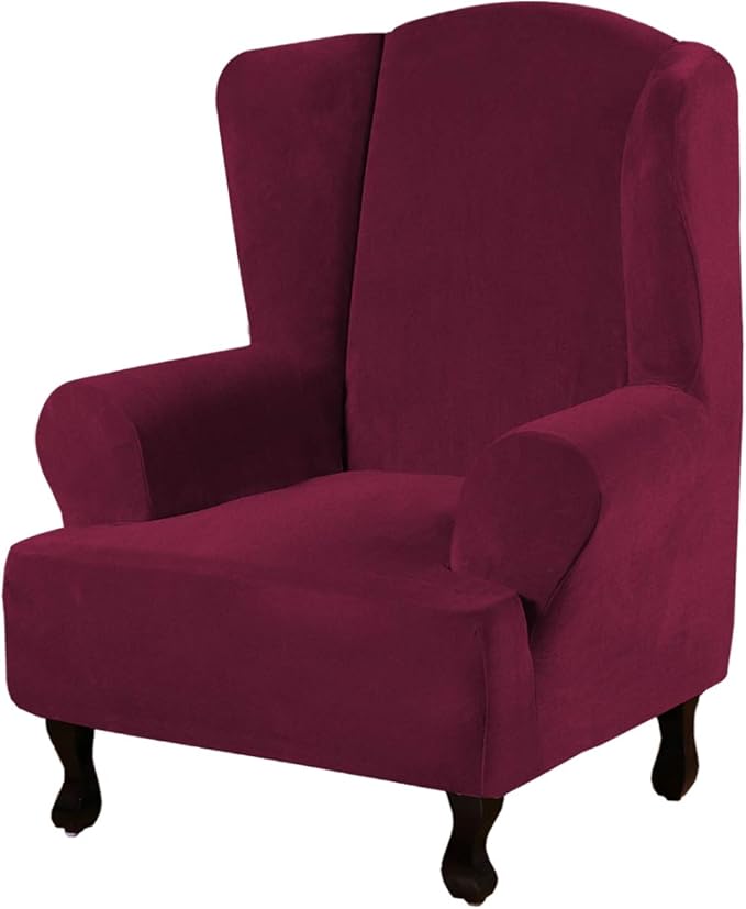 H.VERSAILTEX Wingback Chair Covers Velvet Plush Wing Chair Slipcover 1 Piece High Stretch Wing Back Chair Slipcovers Sofa Cover Furniture Cover with Elastic Bottom, Burgundy