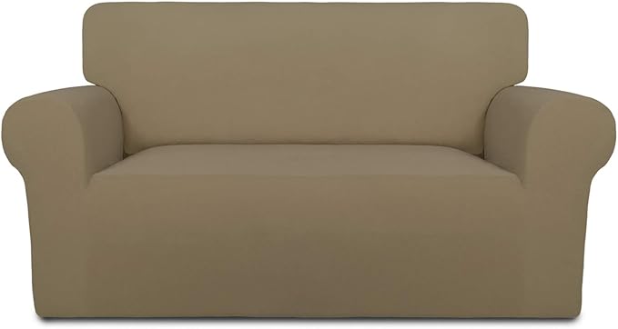 PureFit Super Stretch Sofa Slipcover – Spandex Non Slip Soft Couch Sofa Cover, Washable Furniture Protector with Non Skid Foam and Elastic Bottom for Kids, Pets （Loveseat, Tan）