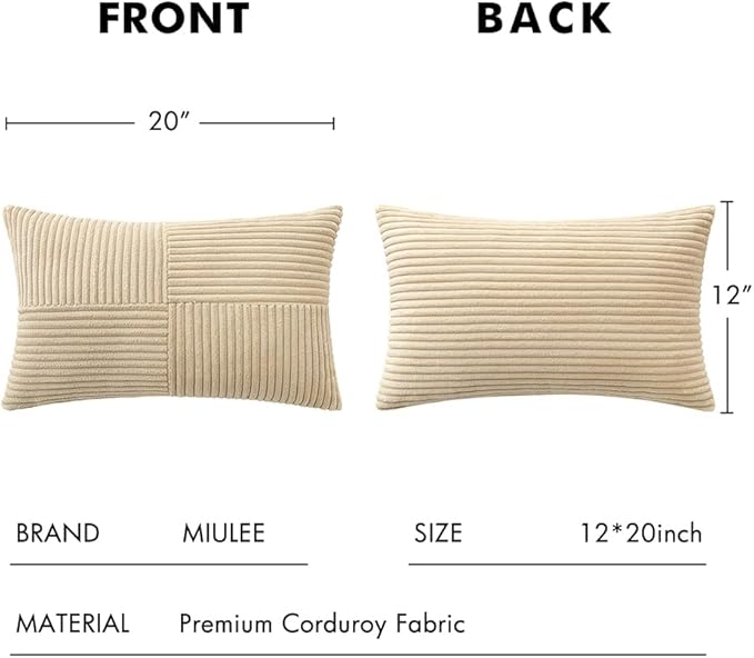 MIULEE Cream Decorative Lumbar Throw Pillow Covers 12x20 Inch for Couch Bed Sofa Pack of 2 Boho Neutral Farmhouse Throw Pillows Soft Cross Corduroy Patchwork Textured Cushion Cases