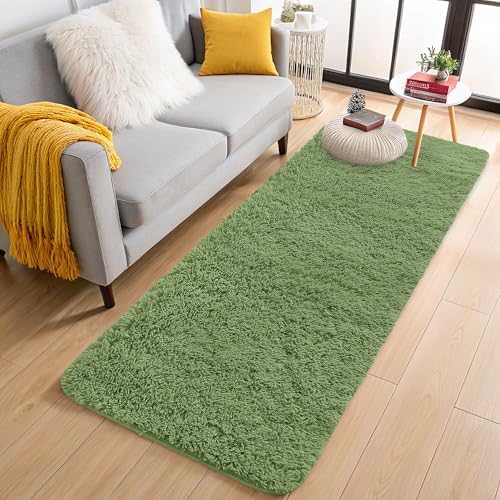 OLANLY 2x4 Machine Washable Runner Rugs for Hallway, Soft Fluffy Shaggy Bedside Rugs for Bedroom, Living Room, Indoor Floor Carpet for Kids Girls and Boys, Home Decor Aesthetic, Green