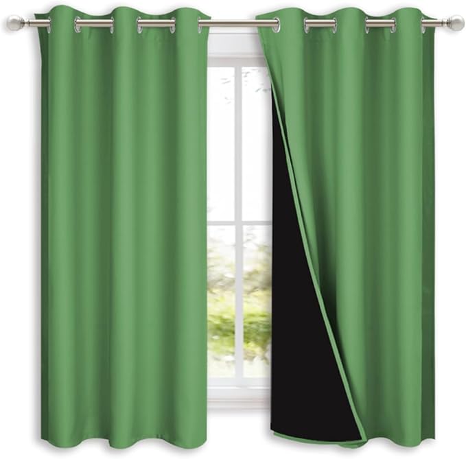 NICETOWN 100% Blackout Short Curtains with Black Liners, 2 Panels, 37" W by 40" L, Forest Green, Solid Thermal Insulated Full Blackout 2-Layer Lined Drapes, Energy Efficiency Window Drapes for Bedroom