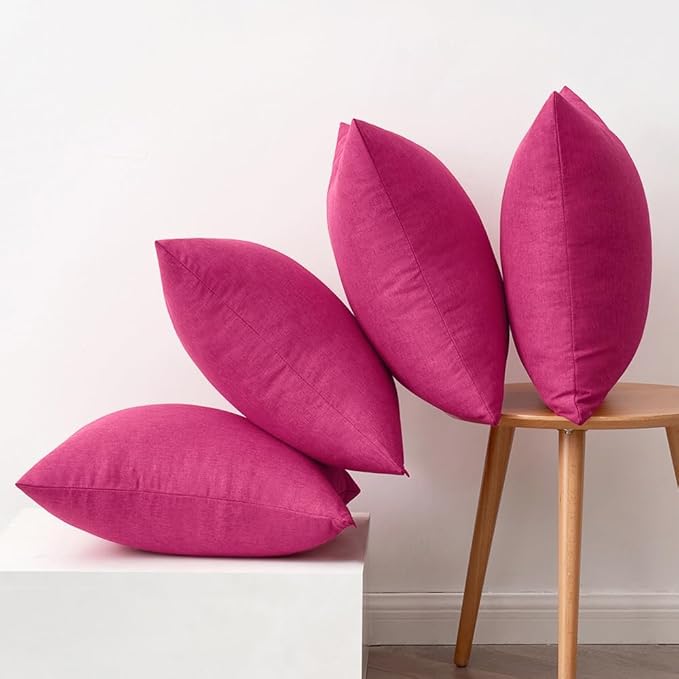 MIULEE Pack of 4 Decorative Outdoor Throw Pillow Covers Linen Waterproof Pillow Covers Farmhouse Cushion Cases for Patio Garden Tent Balcony Couch Sofa 18x18 inch Hot Pink