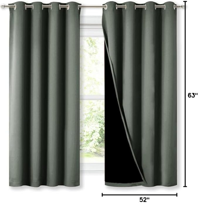 NICETOWN Dark Mallard 100% Blackout Lined Curtains, 2 Thick Layers Completely Blackout Window Treatment Thermal Insulated Drapes for Kitchen/Bedroom (1 Pair, 52" Width x 63" Length Each Panel)