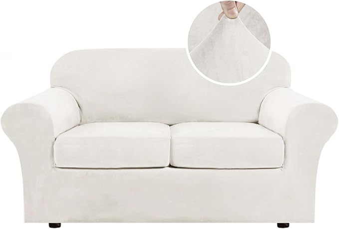 H.VERSAILTEX Real Velvet Plush 3 Piece Stretch Sofa Covers Couch Covers for 2 Cushion Couch Loveseat Covers Width Up to 72 Inch Feature Thick Soft Stay in Place (Medium Sofa, Porcelain White)
