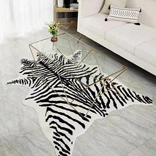 Large Zebra Print Area Rug Carpet Faux Cowhide Leather Animal Simulation Plush Mat Cute Soft for Home Decor Black and White 4.9'x6.6'