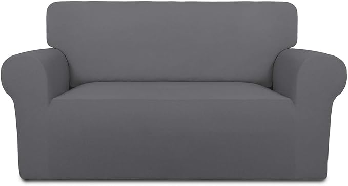 PureFit Super Stretch Sofa Slipcover – Spandex Non Slip Soft Couch Sofa Cover, Washable Furniture Protector with Non Skid Foam and Elastic Bottom for Kids, Pets （Loveseat, Gray ）