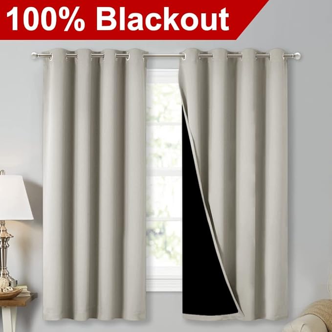 NICETOWN Extra Long Truly Blackout Drapes for Hall and Villa, 46-inch Width Each Panel, 45-inch Length, Natural, 2 Pieces, 100% Blackout Window Curtain Panels with Black Lined for Night Shift Worker