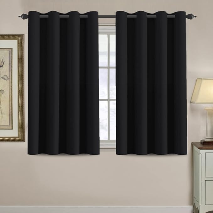 H.VERSAILTEX Blackout Curtain for Living Room Small Window Kitchen Blackout Curtains 45 inch Length Energy Saving Solid Grommet Blackout Drape, One Panel, Jet Black, 52" W x 45" L
