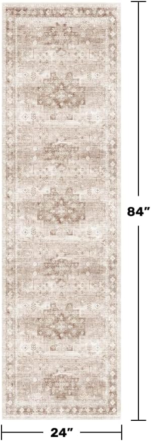Hazo Haus Boho 2x7 Long Runner, Neutral Farmhouse Hallway Rug, Small Throw Runners for Bedroom, Bathroom, Kitchen, Vintage Floral Decor & Non-Slip Low-Pile Washable Stain Resistant, Latte Beige