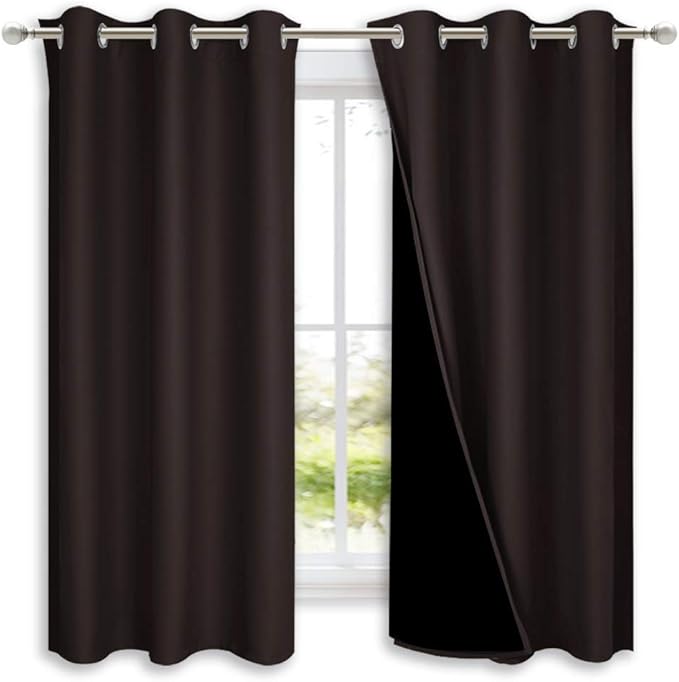 NICETOWN 100% Blackout Curtains 54 inches Long, Brown, 1 Pair, 42 inches Width Each Panel, Double-Deck Completely Blackout Window Treatment Thermal Insulated Lined Drapes for Small Window