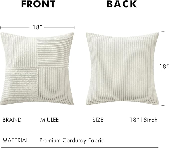 MIULEE White Decorative Throw Pillow Covers 18x18 Inch for Couch Bed Sofa Pack of 2 Boho Farmhouse Throw Pillows Soft Cross Corduroy Patchwork Textured Cushion Cases