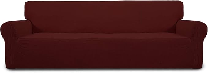 Easy-Going Stretch 4 Seater Sofa Slipcover 1-Piece Sofa Cover Furniture Protector Couch Soft with Elastic Bottom for Kids, Polyester Spandex Jacquard Fabric Small Checks Wine
