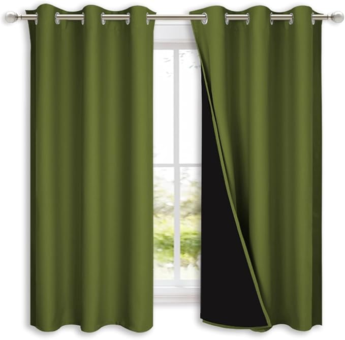 NICETOWN 100% Blackout Curtains 54" Long, Olive Green, 1 Pair, 42" Width Each Panel, Double-Deck Completely Blackout Window Treatment Thermal Insulated Lined Drapes for Small Window