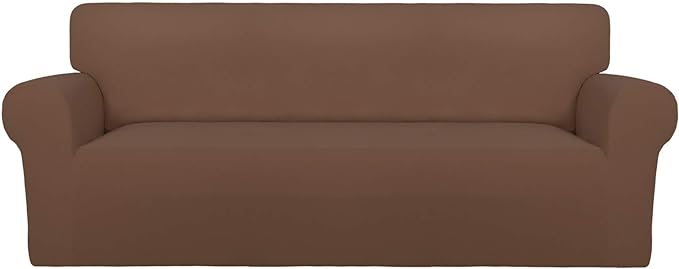 PureFit Super Stretch Oversized Sofa Slipcover – Spandex Non Slip Soft Couch Sofa Cover, Washable Furniture Protector with Non Skid Foam and Elastic Bottom for Kids, Pets （Oversized Sofa, Brown）