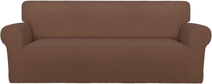 PureFit Super Stretch Sofa Slipcover – Spandex Non Slip Soft Couch Sofa Cover, Washable Furniture Protector with Non Skid Foam and Elastic Bottom for Kids, Pets （Sofa, Brown）
