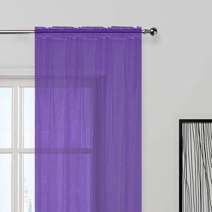 SpaceDresser Sheer Voile Window Treatment Rod Pocket Curtain Panels for Kitchen Bedroom Living Room Drapes Sunlight Filtering Privacy Semi Home Decor Assorted (Purple, 52 W x 63 L)