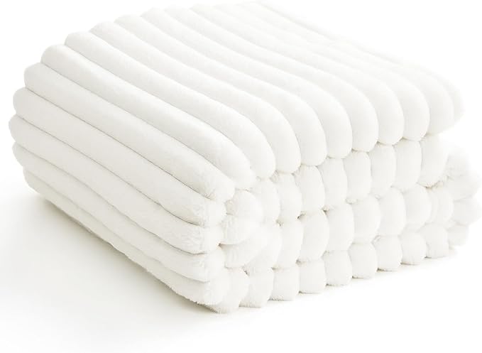 HIMEET Off White Ribbed Throw Blanket for Couch - 300GSM Lightweight Soft Fleece Blanket for Women, Cozy Blankets for Mothers Gifts, Striped Spring Home Room Decor, Off White, 50x60 Inches