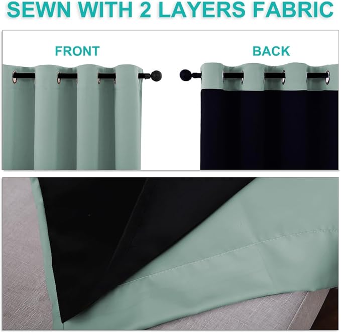 NICETOWN 100% Blackout Lined Curtains, Seafoam Green, 1 Pair, 42" Width x 63" Length Each Panel, 2 Thick Layers Completely Blackout Window Treatment Panels Thermal Insulated Drapes for Kitchen