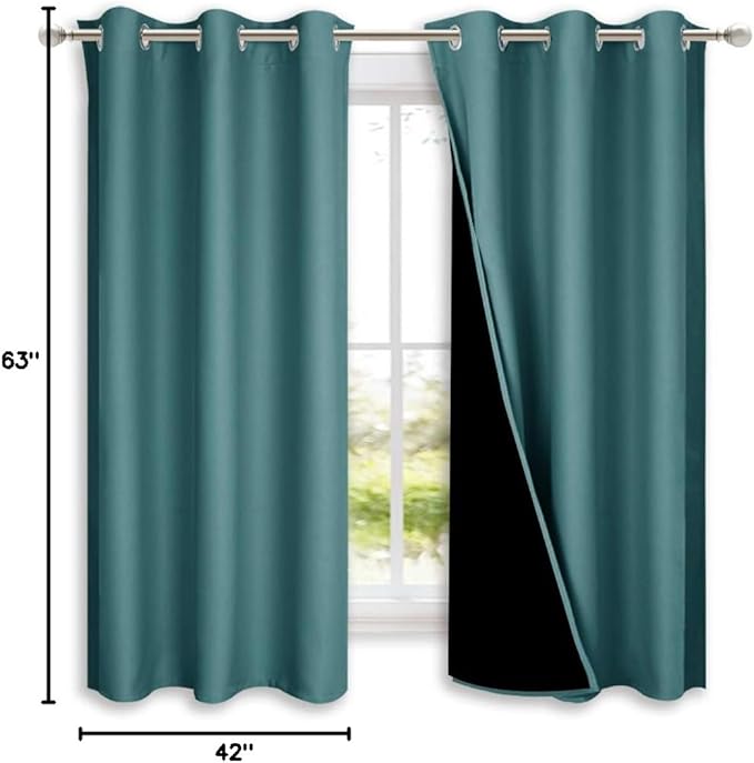 NICETOWN 100% Blackout Curtain Panels, Thermal Insulated Black Liner Curtains for Nursery Room, Noise Reducing and Cold Blocking Drapes for Windows (Set of 2, Sea Teal, 42-inch Wide x 63-inch Long)