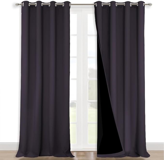 NICETOWN 100% Blackout Curtains for Windows, Pack of 2, Greyish Purple, 52" W x 102" L, Super Heavy-Duty Black Lined Total Darkness Drapes for Bedroom, Privacy Assured Window Treatment for Patio