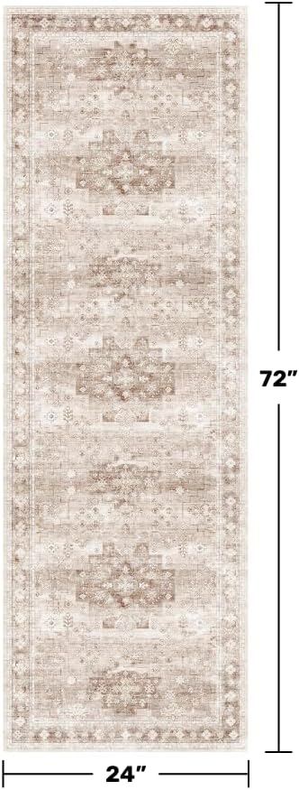Hazo Haus Boho Long Bathroom Runner Rug 24 x 72 Washable Non Slip - Soft Stain Reistant Rugs for Kitchen, Laundry Room, Hallway Runner - Neutral Floral Design Décor (2x6 Beige/Latte)