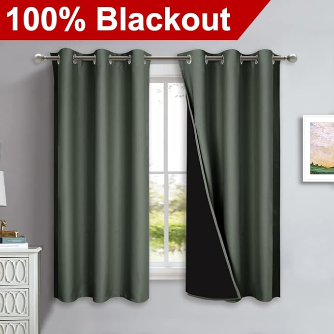NICETOWN Dark Mallard 100% Blackout Lined Curtains, 2 Thick Layers Completely Blackout Window Treatment Panels Thermal Insulated Drapes for Kitchen (1 Pair, 42" Width x 63" Length Each Panel)