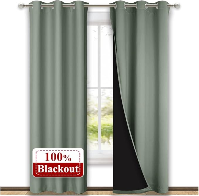 NICETOWN Greyish Green Blackout Curtains 84 inches Long, Full Light Blocking Drapes with Black Liner for Nursery, Thermal Insulated Draperies for Hall, Villa (2 Pieces, 42" Wide Each Panel)
