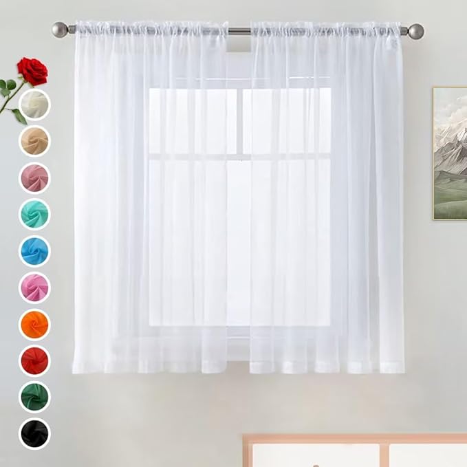 SpaceDresser Basic Rod Pocket Sheer Voile Window Curtain Panels White 1 Pair 2 Panels 38 Width 45 Inch Long for Kitchen Bedroom Children Living Room Yard(White,38 W x 45 L)