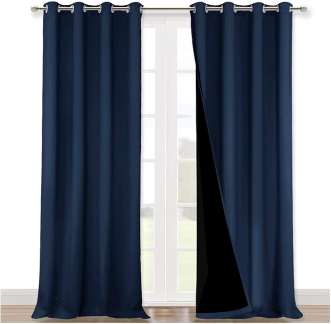 NICETOWN 100% Blackout Curtain Set, Thermal Insulated & Energy Efficiency Window Draperies for Guest Room, Full Shading Panels for Shift Worker and Light Sleepers, Navy Blue, 52W x 102L, 2 PCs