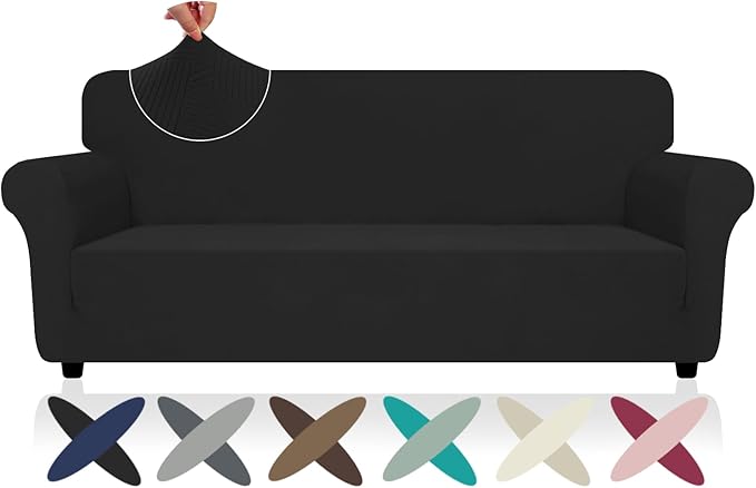 ZNSAYOTX Super Stretch Sofa Cover (72"-92"), New Striped Sofa Covers Fitted Slipcovers with Elastic Bottom, Dog Cat Pets Proof Spandex Washable Fabric Comfortable & Durable (Black, Sofa)