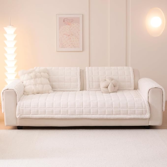 Couch Cover for Dogs Washable, Fuzzy Pet Couch Covers for 3 Cushion Sofa Pet Friendly, Non Slip Sofa Cover (White, 35" x 82.7"/90 x 210cm)