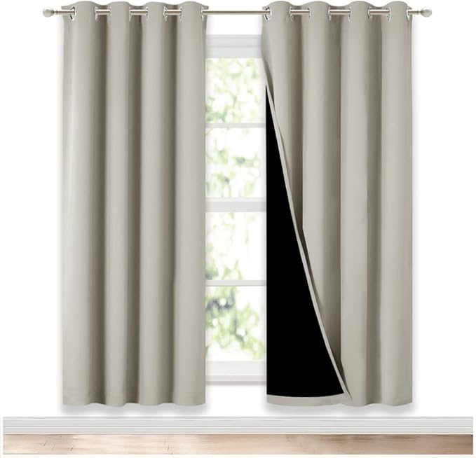 NICETOWN 100% Blackout Window Curtain Panels, Full Light Blocking Drapes with Black Liner for Nursery, 72-inch Drop Thermal Insulated Draperies (Natural, 2 Pieces, 52-inch Wide Per Panel)