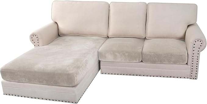 H.VERSAILTEX Velvet Stretch 3-Piece L Shape Sectional Couch Covers (Large 2 Seater + 1 Chaise, Oatmeal)